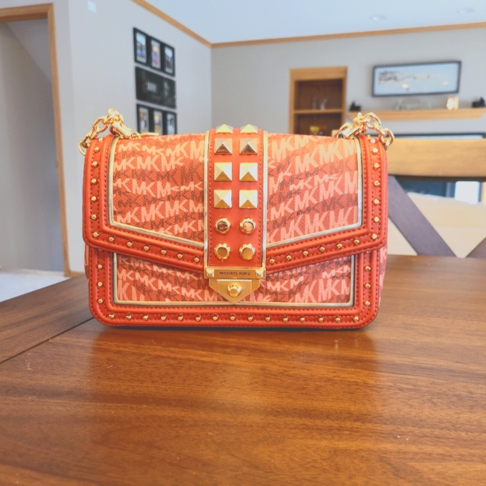 MICHAEL Michael Kors Coral Orange MK Logo Studded Crossbody Bag